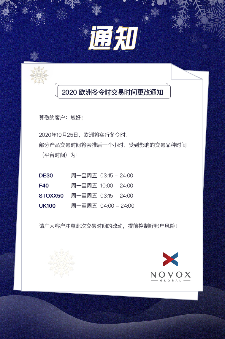 Novox诺亚：2020年欧洲冬令时交易时间更改通知